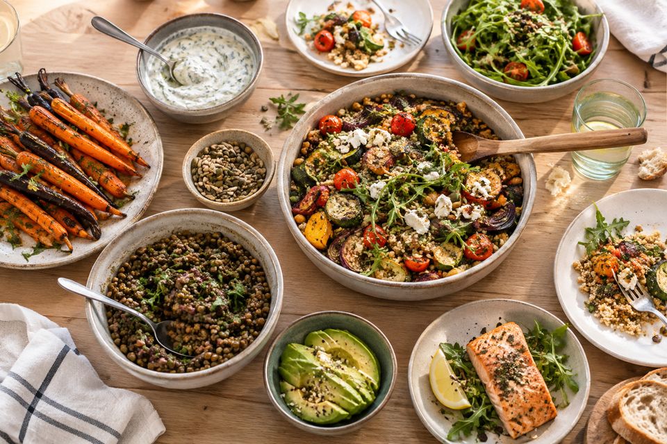 A colourful shared table of plant-forward dishes